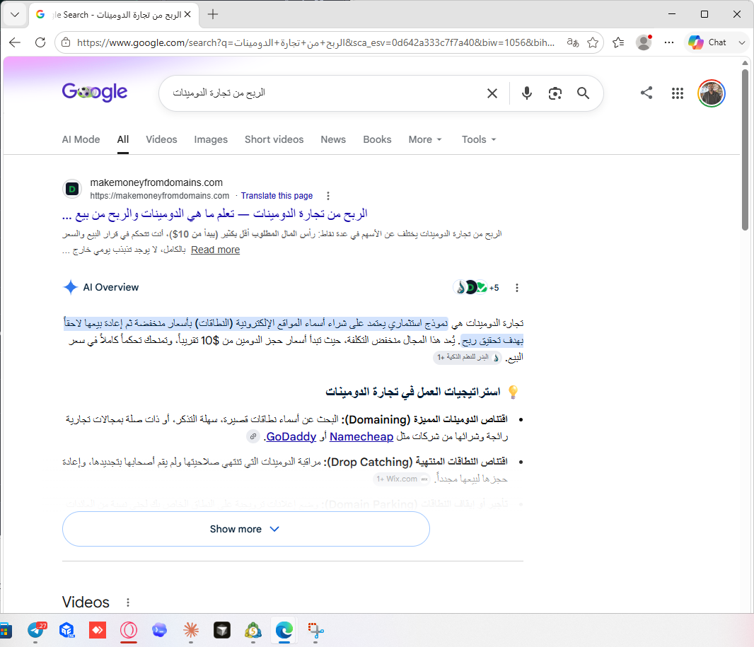نتيجة جوجل للكلمة الربح من تجارة الدومينات